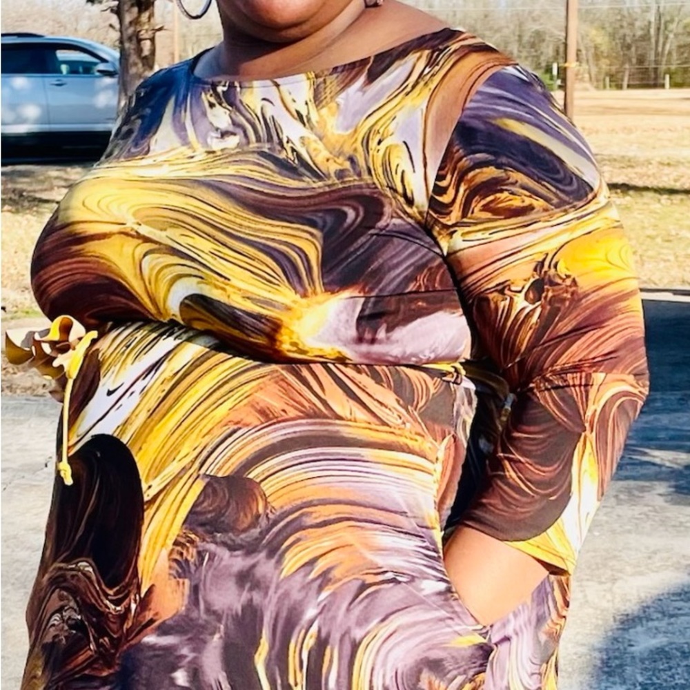 Plus size brown and gold maxi dress with pockets